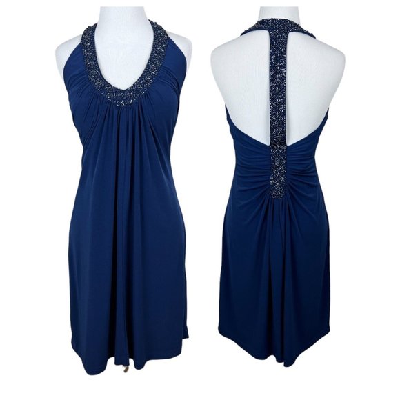Alex Evenings Dress 4P Navy Blue Pleated Beaded Halter V-Neck Padded Bust Party - Picture 1 of 13